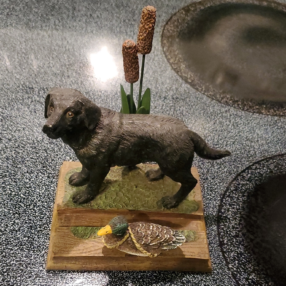 Black Dog Figurine with Duck and Cattails